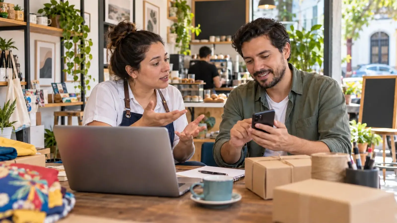 Dos emprendedores revisando pedidos y oportunidades en su negocio.