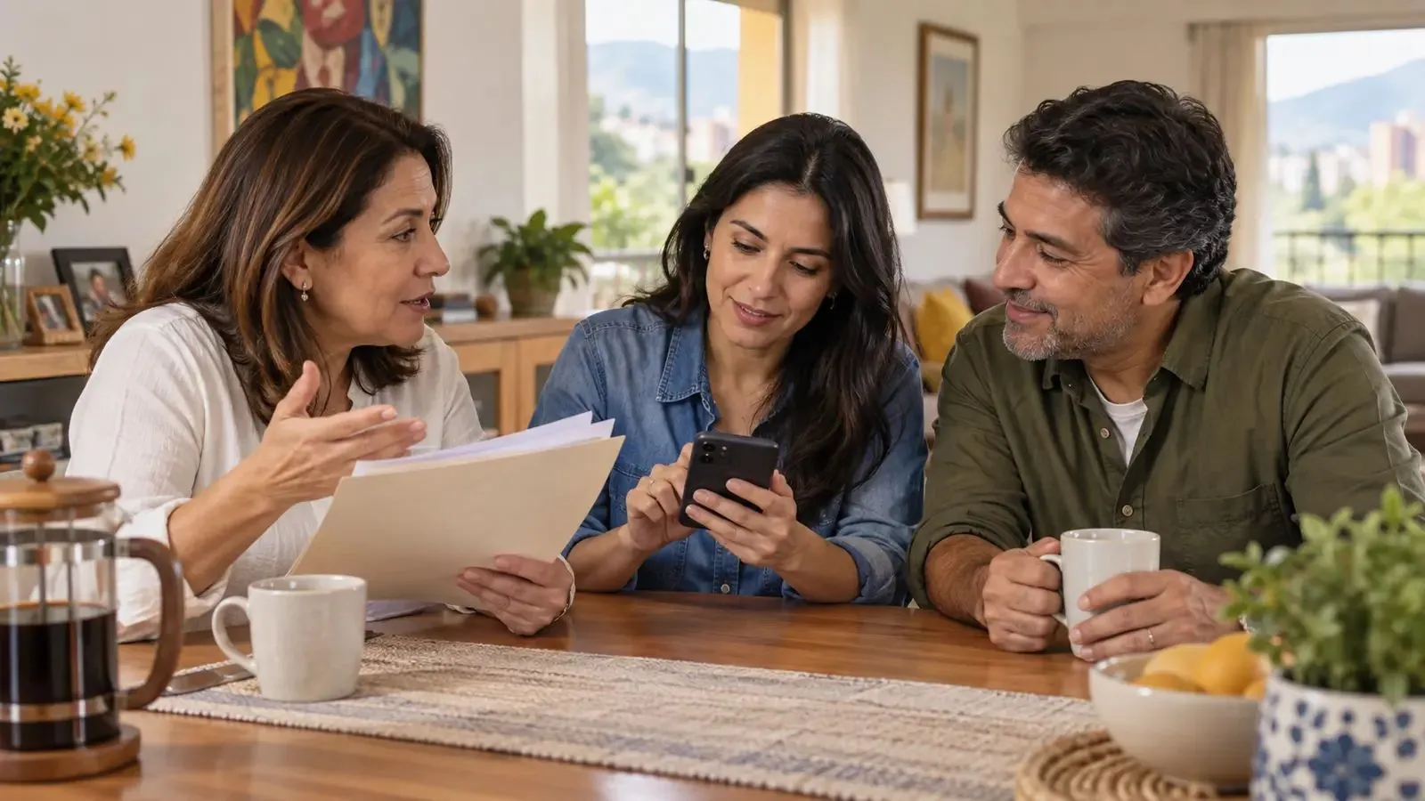 Familia revisando opciones con una asesora en la sala de su casa.
