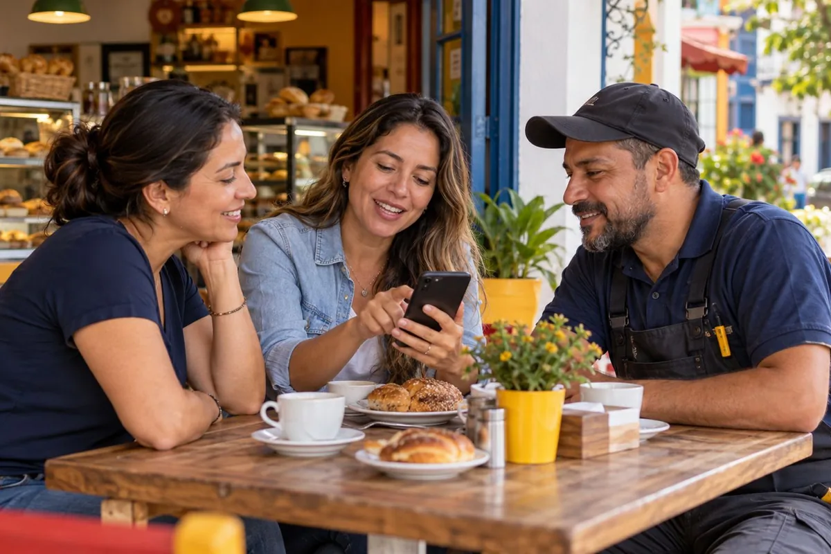 Comerciantes revisando una oferta en el celular en la mesa de una panadería.