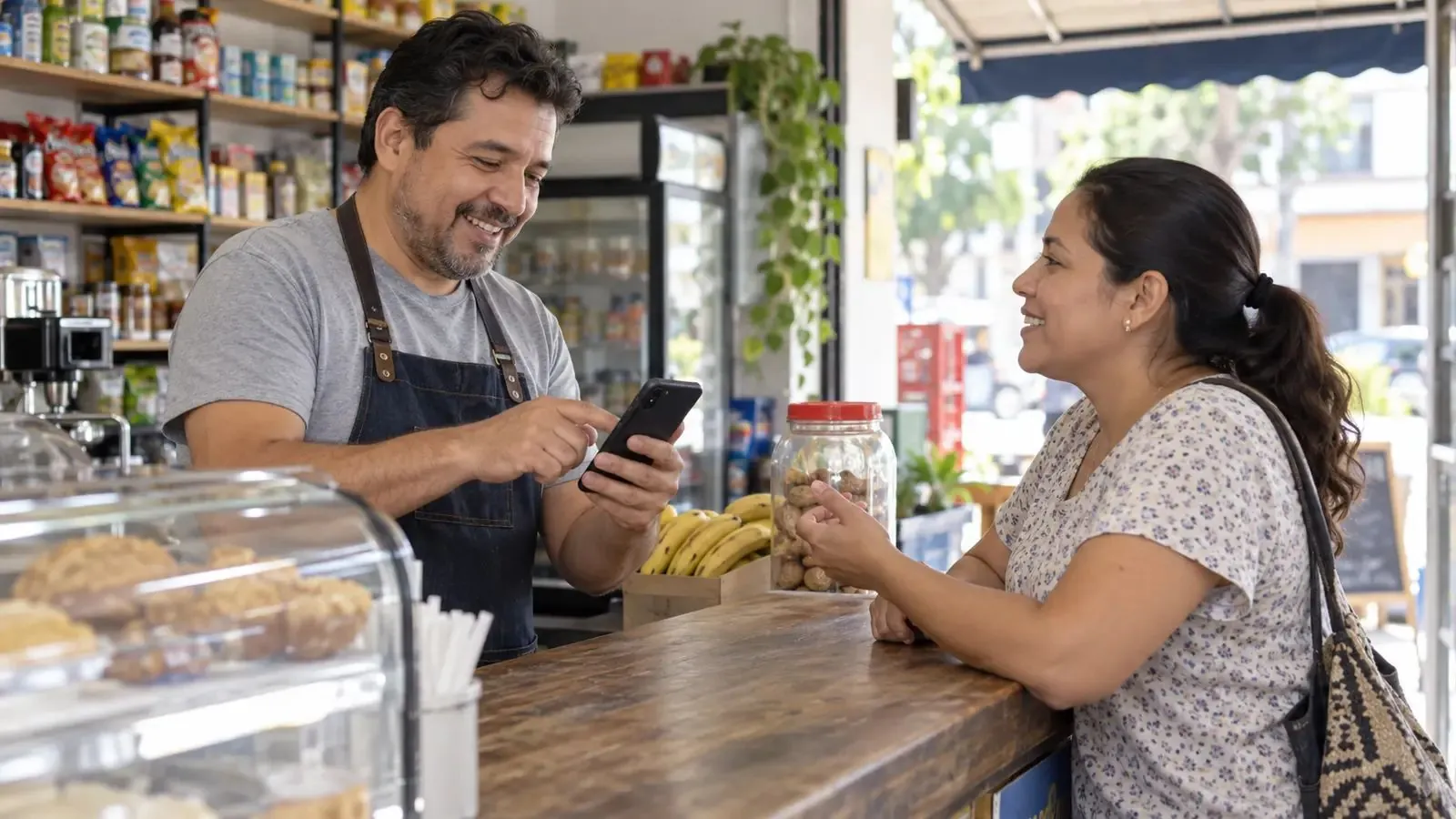 Comerciante atendiendo a una clienta en el mostrador de su tienda.