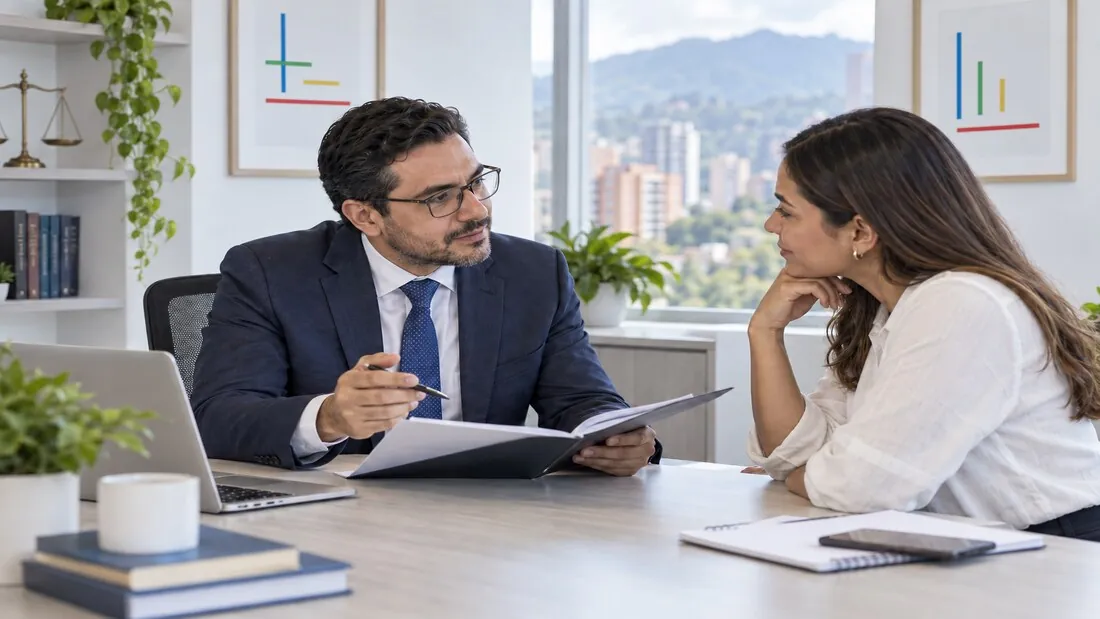 Abogado orientando a una empresaria en un espacio profesional y cercano.