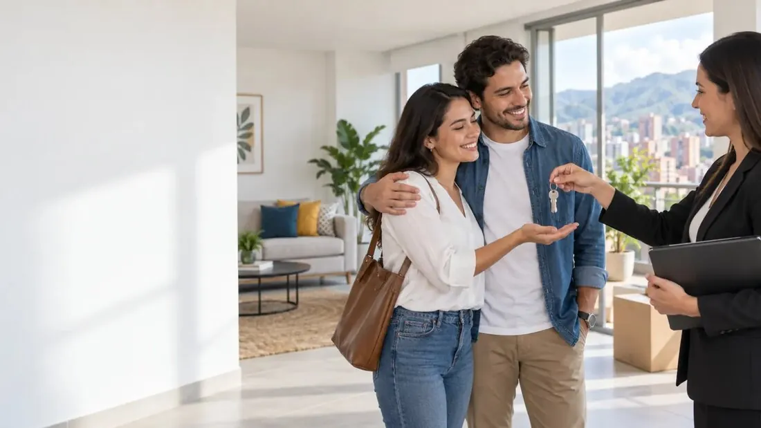 Pareja recibiendo las llaves de su nueva vivienda con acompañamiento profesional.